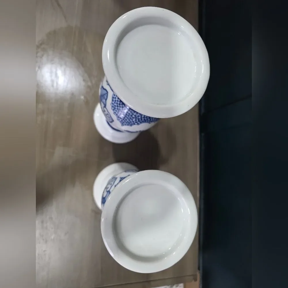 Blue and White Porcelain Pillar Candle Holders Set Of 2 11' and 9.5'